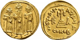 Heraclius, with Heraclius Constantine and Heraclonas, 610-641. Solidus (Gold, 20 mm, 4.46 g, 7 h), Constantinopolis, indictional year IA (11) = 637/63...