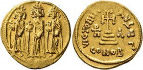 Heraclius, with Heraclius Constantine and Heraclonas, 610-641. Solidus (Gold, 19 mm, 4.48 g, 7 h), Constantinopolis, indictional year IA (11) = 637/63...