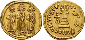 Heraclius, with Heraclius Constantine and Heraclonas, 610-641. Solidus (Gold, 20 mm, 4.32 g, 6 h), Constantinopolis, circa 639-641. Heraclius, Heracli...
