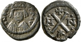 Heraclius, 610-641. Dekanummium (Bronze, 14 mm, 2.53 g, 7 h), Carthage. D N ЄRACLIO P P AV Helmeted and cuirassed bust of Heraclius facing. Rev. Large...