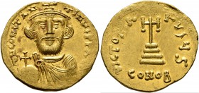 Constans II, 641-668. Solidus (Gold, 20 mm, 4.46 g, 7 h), Constantinopolis. δ N CONSTANTINЧS P P AV Crowned, draped and short-bearded bust of Constans...