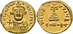 Constans II, 641-668. Solidus (Gold, 20 mm, 4.35 g, 6 h), Constantinopolis. δ N CONSTANTIЧS P P AV' Crowned and draped bust of Constans II facing, hol...