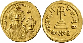 Constans II, with Constantine IV, 641-668. Solidus (Gold, 21 mm, 4.51 g, 7 h), Constantinopolis, 654-659. δ N CONSTANTINЧS C CONSTANTINЧ Crowned and d...