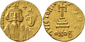 Constans II, with Constantine IV, 641-668. Solidus (Gold, 19 mm, 4.47 g, 7 h), Constantinopolis, 654-659. δ N CONSTANTINЧS C CO[NSTAN] Crowned and dra...