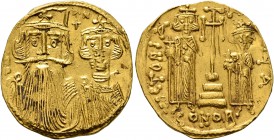 Constans II, with Constantine IV, Heraclius, and Tiberius, 641-668. Solidus (Gold, 20 mm, 4.41 g, 7 h), Constantinopolis, 661-663. d N [CONST]AN Facin...