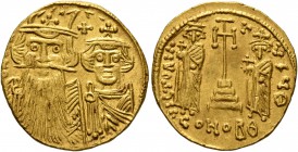 Constans II, with Constantine IV, Heraclius, and Tiberius, 641-668. Solidus (Gold, 19 mm, 4.53 g, 7 h), Constantinopolis, 661-663. d N CTI [...] Facin...