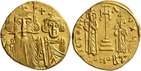 Constans II, with Constantine IV, Heraclius, and Tiberius, 641-668. Solidus (Gold, 19 mm, 4.39 g, 7 h), Constantinopolis, 661-663. d N [...] Facing bu...