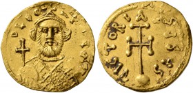 Leontius, 695-698. Semissis (Gold, 17 mm, 2.13 g, 6 h), Constantinopolis. D LEON PE AV Bearded bust of Leontius facing, wearing crown and loros, holdi...
