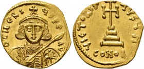Tiberius III (Apsimar), 698-705. Solidus (Gold, 19 mm, 4.40 g, 6 h), Constantinopolis. D tIbЄRIЧS PЄ AV Draped and cuirassed bust of Tiberius III faci...