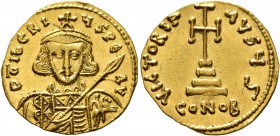 Tiberius III (Apsimar), 698-705. Solidus (Gold, 19 mm, 4.41 g, 7 h), Constantinopolis. D tIbЄRIЧS PЄ AV Draped and cuirassed bust of Tiberius III faci...