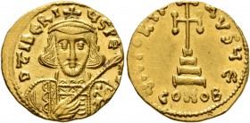 Tiberius III (Apsimar), 698-705. Solidus (Gold, 19 mm, 4.34 g, 6 h), Constantinopolis. D tIbЄRIЧS PЄ AV Draped and cuirassed bust of Tiberius III faci...
