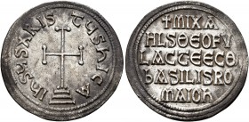 Michael I Rhangabe, 811-813. Miliaresion (Silver, 22 mm, 2.10 g, 1 h), Constantinopolis. IҺSЧS XRISTЧS ҺICA Cross potent set on three steps. Rev. + MI...