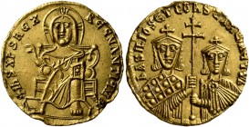 Basil I the Macedonian, with Constantine, 867-886. Solidus (Gold, 19 mm, 4.34 g, 6 h), Constantinopolis. +IhS XPS RЄX RЄGNANTIЧM✱ Christ, nimbate, sea...