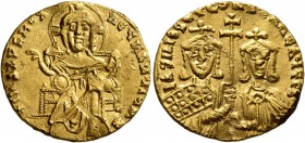 Basil I the Macedonian, with Constantine, 867-886. Solidus (Gold, 19 mm, 4.40 g, 7 h), Constantinopolis, circa 871-886. +IhS XPS RЄX RЄGNANTIЧM✱ Chris...