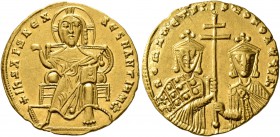 Constantine VII Porphyrogenitus, with Romanus I and Christopher, 913-959. Solidus (Gold, 20 mm, 4.38 g, 6 h), Constantinopolis, circa 924-931. +IhS XP...
