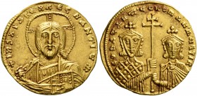 Constantine VII Porphyrogenitus, with Romanus II, 913-959. Solidus (Gold, 19 mm, 4.38 g, 7 h), Constantinopolis. +IhS XPS RЄX RЄGNANTIЧM Bust of Chris...