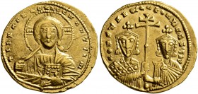 Constantine VII Porphyrogenitus, with Romanus II, 913-959. Solidus (Gold, 21 mm, 4.39 g, 6 h), Constantinopolis. +IhS XPS RЄX RЄGNANTIЧM Bust of Chris...