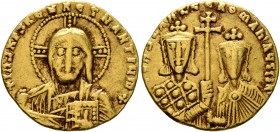 Constantine VII Porphyrogenitus, with Romanus II, 913-959. Solidus (Gold, 18 mm, 4.35 g, 6 h), Constantinopolis. +IhS XPS RЄX RЄGNANTIЧM Bust of Chris...