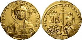 Constantine VII Porphyrogenitus, with Romanus II, 913-959. Solidus (Gold, 19 mm, 4.34 g, 7 h), Constantinopolis. +IhS XPS RЄX RЄGNANTIЧM Bust of Chris...