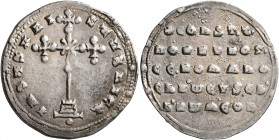 Constantine VII Porphyrogenitus, with Romanus I, 913-959. Miliaresion (Silver, 18 mm, 2.99 g, 12 h), Constantinopolis, 945-959. IҺSЧS XRISTЧS ҺICA Cro...