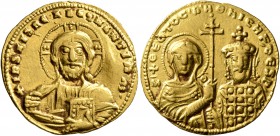 Nicephorus II Phocas, with Basil II, 963-969. Solidus (Gold, 20 mm, 4.34 g, 6 h), Constantinopolis. +IҺS XPS RЄX RЄGNANTIЧM' Bust of Christ Pantokrato...