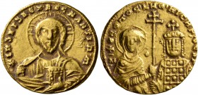 Nicephorus II Phocas, with Basil II, 963-969. Solidus (Gold, 20 mm, 4.24 g, 6 h), Constantinopolis. +IҺS XPS RЄX RЄGNANTIЧM' Bust of Christ Pantokrato...