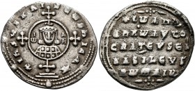 John I Zimisces, 969-976. Miliaresion (Silver, 22 mm, 3.28 g, 1 h), Constantinopolis. +IҺSЧS XRISTЧS ҺICA✷ Cross crosslet set upon globus above two st...