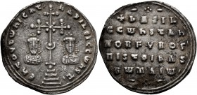 Basil II Bulgaroktonos, with Constantine VIII, 976-1025. Miliaresion (Silver, 23 mm, 2.37 g, 6 h), Constantinopolis, 977-989. ЄҺ TOЧTω ҺICAT&#180; bAS...