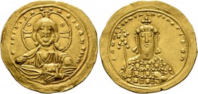 Constantine VIII, 1025-1028. Histamenon (Gold, 25 mm, 4.40 g, 6 h), Constantinopolis. +IҺS XIS RЄX RЄGNANTIҺm Bust of Christ facing, with cross-nimbus...