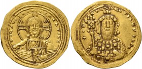 Constantine VIII, 1025-1028. Histamenon (Gold, 25 mm, 4.40 g, 7 h), Constantinopolis. +IҺS XIS RЄX RЄGNANTIҺm Bust of Christ facing, with cross-nimbus...