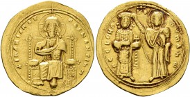 Romanus III Argyrus, 1028-1034. Histamenon (Gold, 25 mm, 4.36 g, 6 h), Constantinopolis. +IҺS XIS RЄX RЄGNANTIҺM Christ Pantokrator seated facing on t...