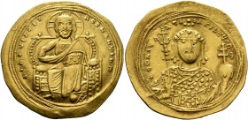 Constantine IX Monomachus, 1042-1055. Histamenon (Gold, 27 mm, 4.42 g, 6 h), Constantinopolis. +IhS XIS RЄX RЄGNANTIҺm Christ enthroned facing, wearin...