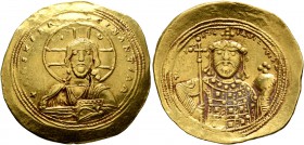Constantine IX Monomachus, 1042-1055. Histamenon (Gold, 26 mm, 4.38 g, 6 h), Constantinopolis. +IhS XIS RЄX RЄGNANTInm Bust of Christ facing, with cro...