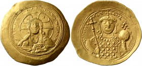 Constantine IX Monomachus, 1042-1055. Histamenon (Gold, 27 mm, 4.35 g, 6 h), Constantinopolis. +IhC XIC RCX RCSnΛnTIҺm Bust of Christ Pantokrator faci...