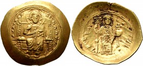 Constantine X Ducas, 1059-1067. Histamenon (Gold, 27 mm, 4.41 g, 6 h), Constantinopolis. +I Һ S XIS REX RENANTIm Christ, nimbate, seated facing on str...