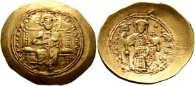 Constantine X Ducas, 1059-1067. Histamenon (Gold, 28 mm, 4.39 g, 6 h), Constantinopolis. +I Һ S XIS REX RENANTҺm Christ, nimbate, seated facing on str...