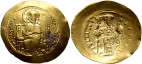 Constantine X Ducas, 1059-1067. Histamenon (Gold, 26 mm, 4.32 g, 6 h), Constantinopolis. +IҺS IXS REX REGNANTIҺm Christ, nimbate, seated facing on str...