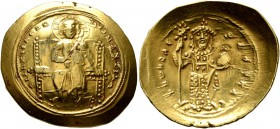 Constantine X Ducas, 1059-1067. Histamenon (Gold, 26 mm, 4.39 g, 6 h), Constantinopolis. +IҺS XIS REX REGNANTIҺm Christ, nimbate, seated facing on str...