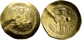 Constantine X Ducas, 1059-1067. Histamenon (Gold, 26 mm, 4.34 g, 6 h), Constantinopolis. [+I Һ S] XIS REX REGNANTIҺm Christ, nimbate, seated facing on...