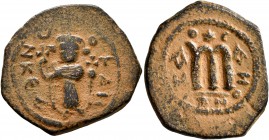 ISLAMIC, Time of the Rashidun. Pseudo-Byzantine types. Fals (Bronze, 21 mm, 3.65 g, 4 h), imitating the EN T૪TO NIKA follis of Constans II, uncertain ...