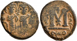 ISLAMIC, Umayyad Caliphate. temp. Mu'awiya I ibn Abi Sufyan , AH 41-60 / AD 661-680. Fals (Bronze, 18 mm, 5.75 g, 8 h), Arab-Byzantine type, Dimashq. ...