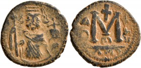 ISLAMIC, Umayyad Caliphate. temp. Mu'awiya I ibn Abi Sufyan , AH 41-60 / AD 661-680. Fals (Bronze, 18 mm, 3.50 g, 1 h), Arab-Byzantine type, 'Pseudo-D...