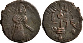 ISLAMIC, Umayyad Caliphate. temp. 'Abd al-Malik ibn Marwan , AH 65-86 / AD 685-705. Fals (Bronze, 20 mm, 3.45 g, 12 h), 'Standing Caliph' type, Halab....