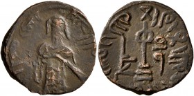 ISLAMIC, Umayyad Caliphate. temp. 'Abd al-Malik ibn Marwan , AH 65-86 / AD 685-705. Fals (Bronze, 19 mm, 2.77 g, 11 h), 'Standing Caliph' type, Halab....