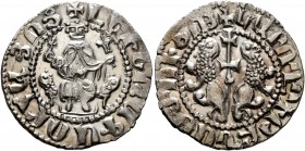 ARMENIA, Cilician Armenia. Royal. Levon I , 1198-1219. Tram (Silver, 21 mm, 2.98 g, 11 h). Levon seated facing on throne decorated with lions, holding...