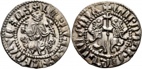 ARMENIA, Cilician Armenia. Royal. Levon I , 1198-1219. Tram (Silver, 21 mm, 2.96 g, 11 h). Levon seated facing on throne decorated with lions, holding...