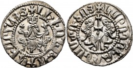 ARMENIA, Cilician Armenia. Royal. Levon I , 1198-1219. Tram (Silver, 21 mm, 3.03 g, 2 h). Levon seated facing on throne decorated with lions, holding ...