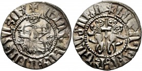 ARMENIA, Cilician Armenia. Royal. Levon I , 1198-1219. Tram (Silver, 20 mm, 3.00 g, 9 h). Levon seated facing on throne decorated with lions, holding ...
