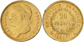 FRANCE, Premier Empire. 1804-1814. 20 Francs (Gold, 21 mm, 6.43 g, 7 h), 1808, Paris. NAPOLEON EMPEREUR Laureate head of Napoleon to left; below, sign...