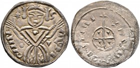 HUNGARY. Salomon, 1063-1074. Denarius (Silver, 17 mm, 0.73 g, 3 h). S-ALOM-ONI RE-X Half-length figure standing facing, raising both hands. Rev. +PANN...